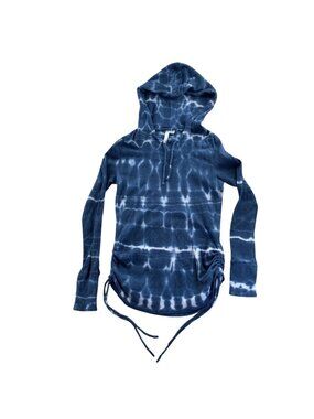 Brisas Womens Hoodie Sweatshirt Large Blue Tie-Dye Thermal Knit Pullover Ruched